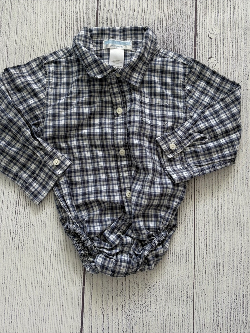 Janie & Jack City Tower Navy & White Plaid Shirt Bodysuit Size 12-18 Months